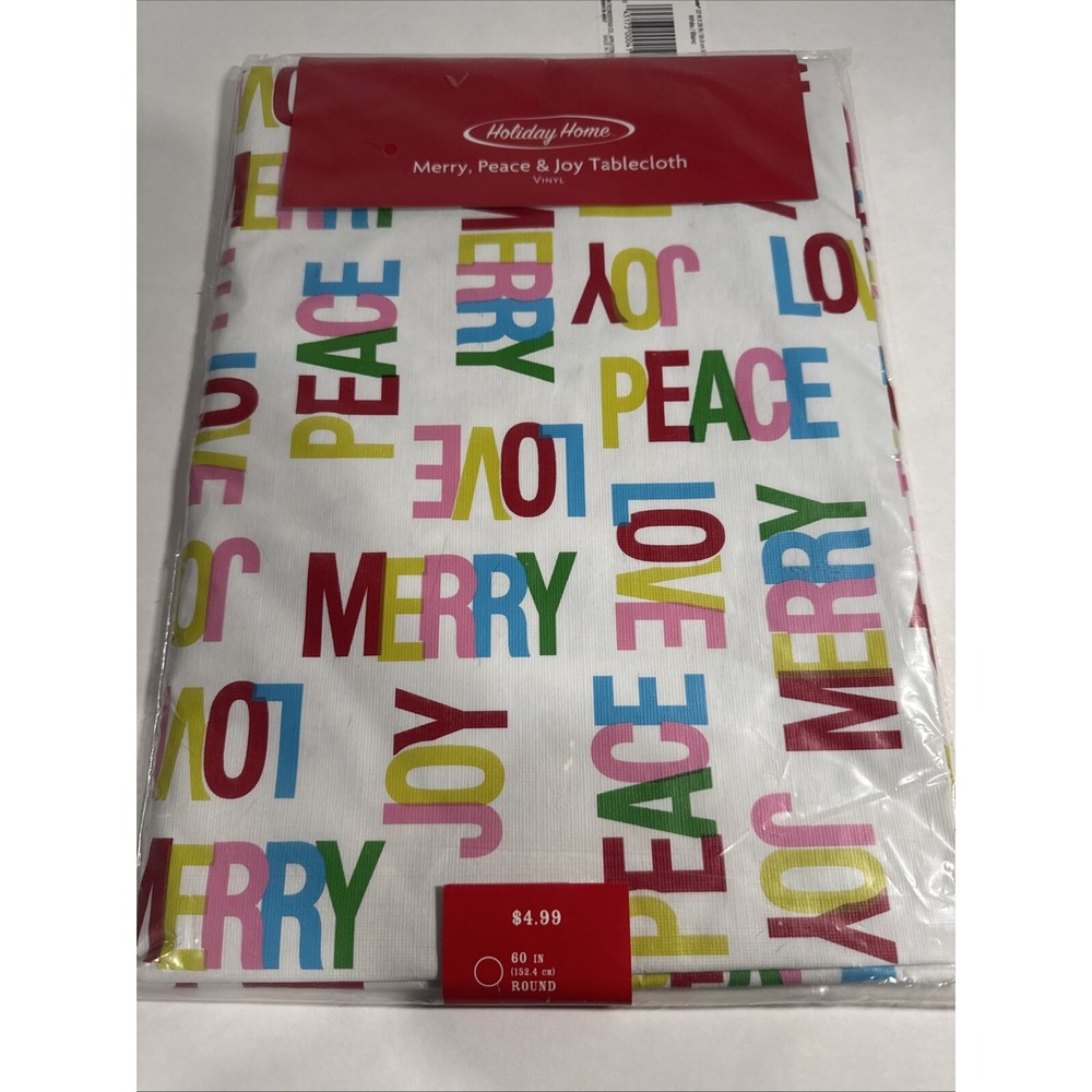 Holiday Home Round Vinyl Tablecloth 60" Merry, Peace And Joy Holiday Brand New
